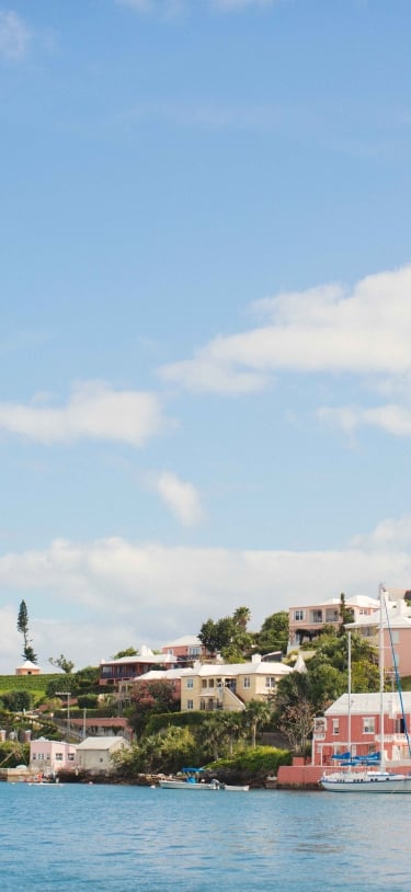 A wide shot of colourful houses from a boat. 
